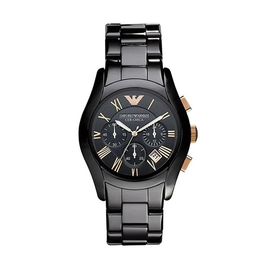 Front view of Emporio Armani AR1410 men's watch featuring a black ceramic strap, black dial, and rose gold tone