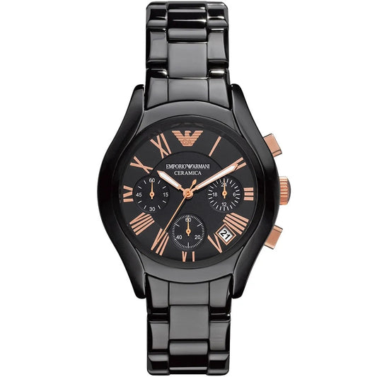 Front view of Emporio Armani AR1411 women's watch featuring a black ceramic strap, black dial, and rose gold tone