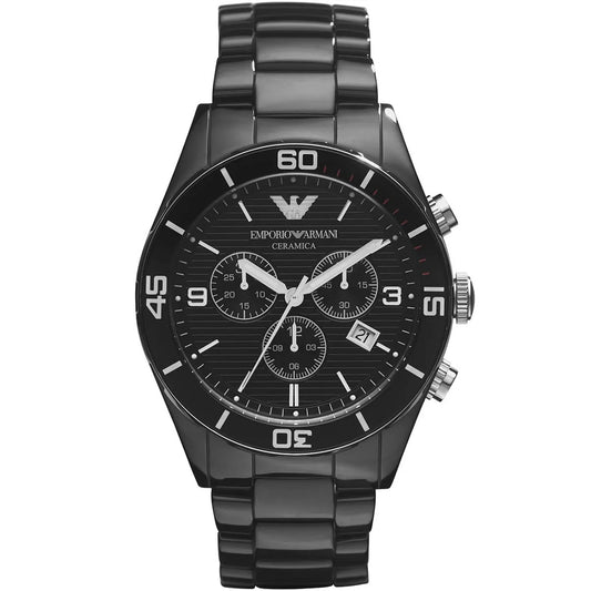 Front view of Emporio Armani AR1421 men's chronograph watch featuring a black ceramic strap and black dial