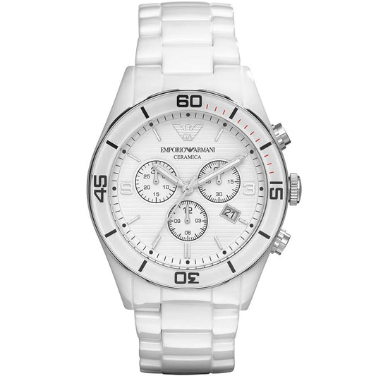 Front view of Emporio Armani AR1424 men's watch featuring a white ceramic strap and white dial