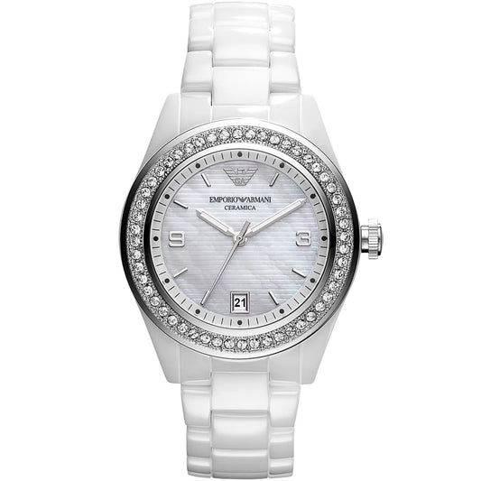 Front view of Emporio Armani AR1426 women’s watch showcasing white ceramic strap, mother of pearl dial, and crystal accents