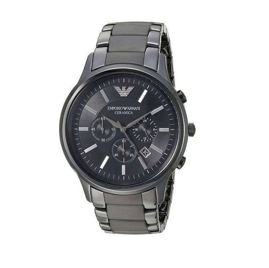 Front view of Emporio Armani AR1451 chronograph watch showcasing black ceramic strap and sleek black dial
