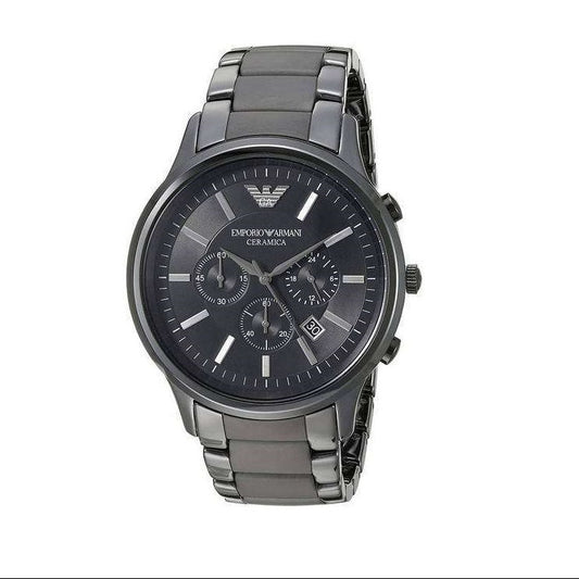 Front view of Emporio Armani AR1451 chronograph watch showcasing black ceramic strap and sleek black dial