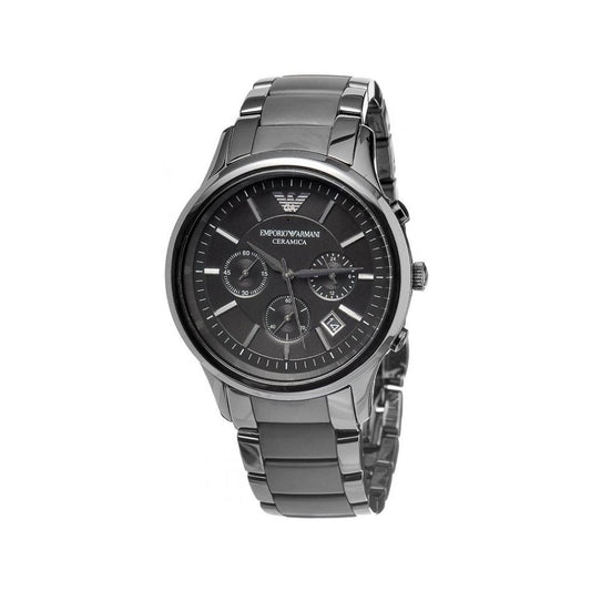 Front view of Emporio Armani AR1452 chronograph watch featuring a sleek black dial and ceramic strap