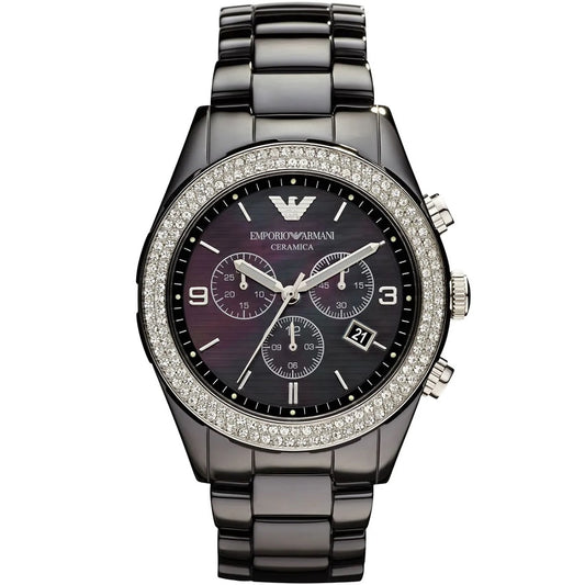 Front view of Emporio Armani AR1455 showing sleek black dial with crystal accents and ceramic strap