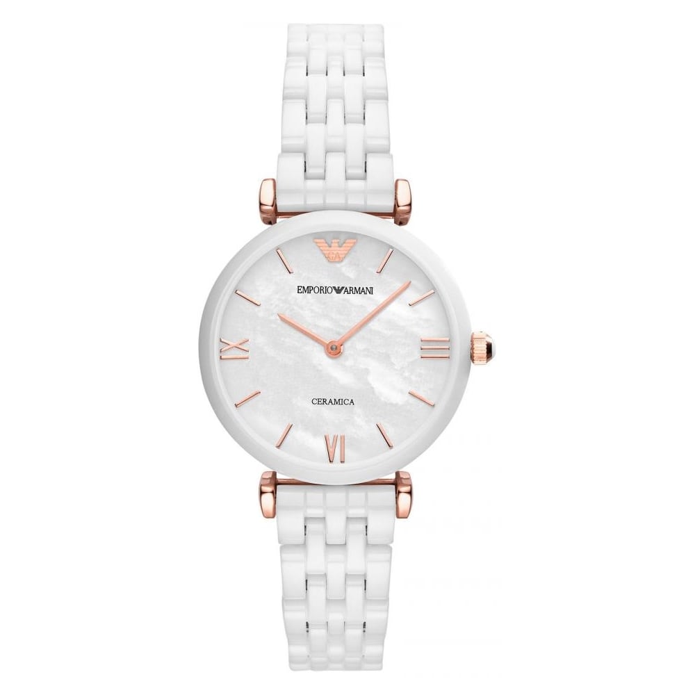 Front view of Emporio Armani AR1486 women’s watch featuring all-white ceramic design