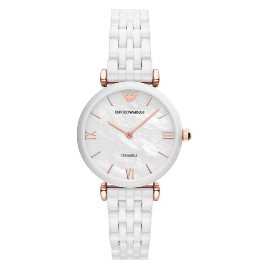 Front view of Emporio Armani AR1486 women’s watch featuring all-white ceramic design