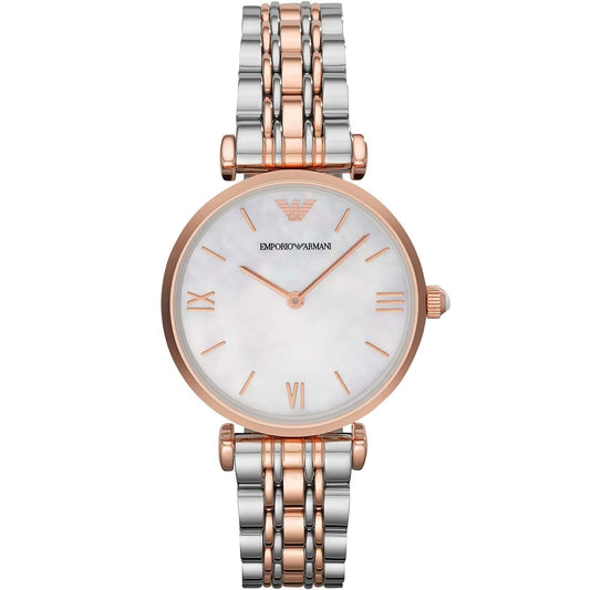 Front view of Emporio Armani AR1683 ladies’ watch featuring mother of pearl dial