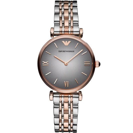 Front view of Emporio Armani AR1725 two-tone grey women's watch