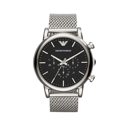 Front view of Emporio Armani AR1808 with black dial and silver mesh bracelet