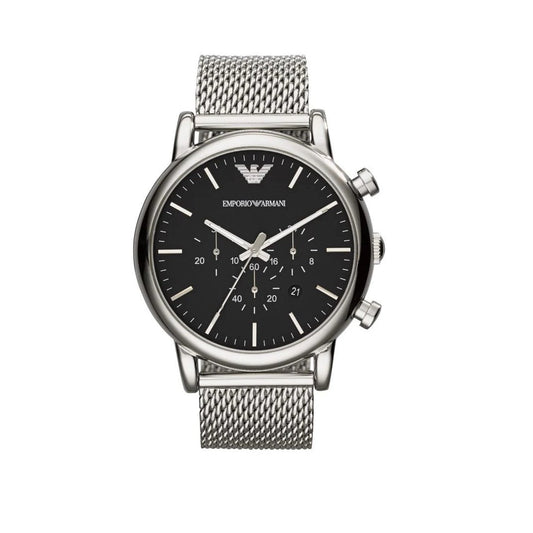 Front view of Emporio Armani AR1808 with black dial and silver mesh bracelet