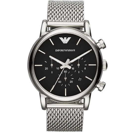 Front view of Emporio Armani AR1811 with silver mesh band and bold black dial