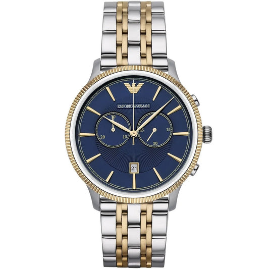 Front view of Emporio Armani AR1847 with two-tone stainless steel bracelet and blue dial