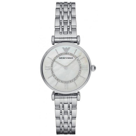 Front view of Emporio Armani AR1908 with silver stainless steel bracelet and pearl dial