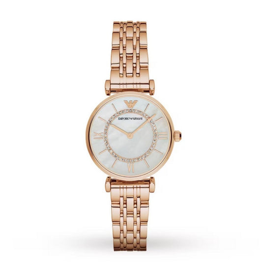 Front view of Emporio Armani AR1909 with a feminine rose gold finish and pearl dial
