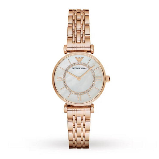 Front view of Emporio Armani AR1909 with a feminine rose gold finish and pearl dial