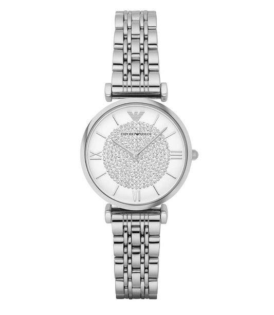 Front view of Emporio Armani AR1925 women’s watch with sparkling white dial and silver bracelet