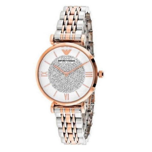 Front view of Emporio Armani AR1926 with elegant two-tone strap and crystal-accented white dial