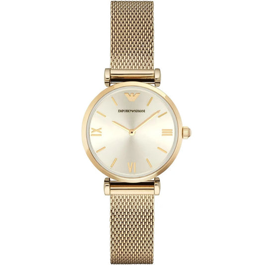 Front view of Emporio Armani AR1957 women’s gold mesh watch with minimal dial