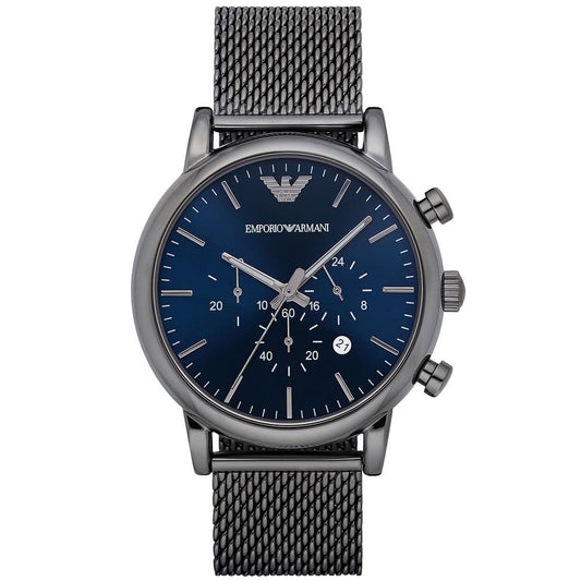 Front view of Emporio Armani AR1979 Luigi with deep blue dial and mesh bracelet