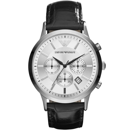 Front view of Emporio Armani AR2432 watch with elegant silver dial and black strap