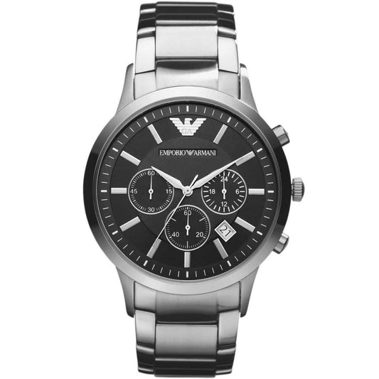 Front view of Emporio Armani AR2434 Renato with black dial and polished silver case