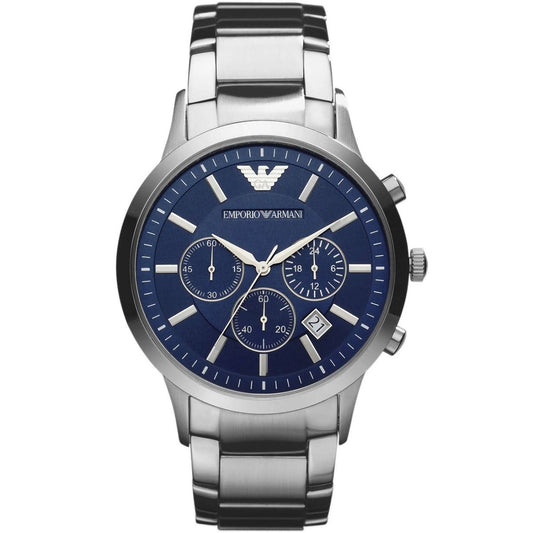 Front view of Emporio Armani AR2448 with deep blue dial and silver bracelet
