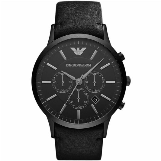 Front view of Emporio Armani AR2461 men’s watch with black leather strap and black dial