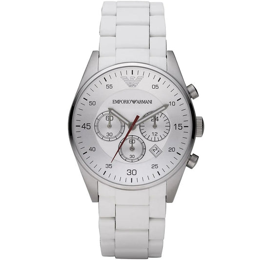 Front view of Emporio Armani AR5859 Sportivo men’s watch with silicone white strap, white dial, and silver case