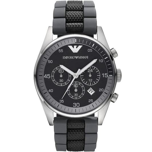 Front view of Emporio Armani AR5866 Sportivo men’s watch with black and grey silicone strap and silver case