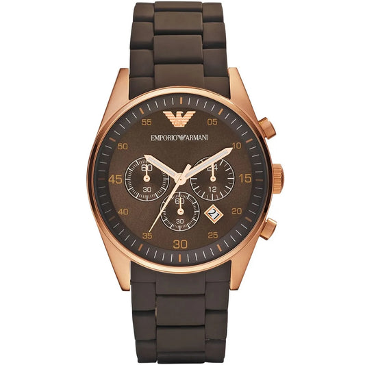Front view of Emporio Armani AR5890 Sportivo men’s watch with brown silicone strap and rose gold case