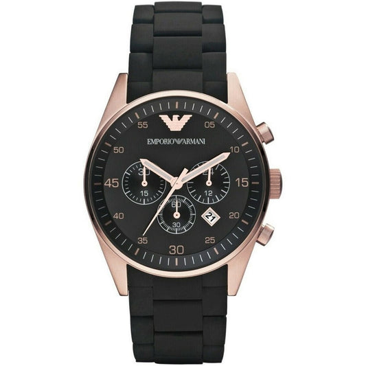 Front view of Emporio Armani AR5905 Sportivo men’s watch with black silicone strap and rose gold case