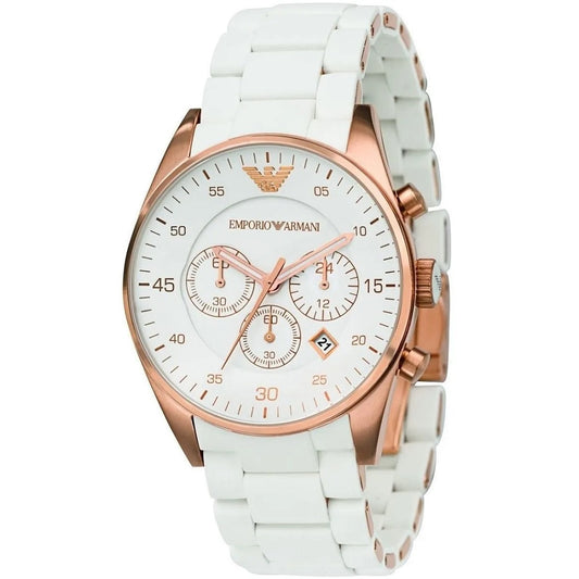 Front view of Emporio Armani AR5919 Sportivo men’s watch with white silicone strap and gold case