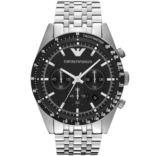 Front view of Emporio Armani AR5988 Sportivo men’s watch with black dial and stainless steel silver strap