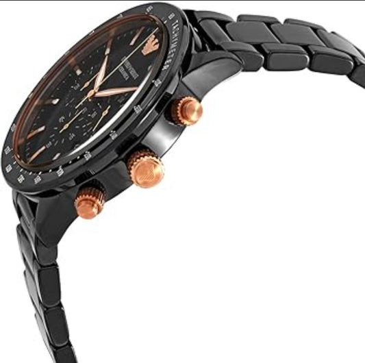 Angled view of Emporio Armani AR70002 with black ceramic strap and modern black dial