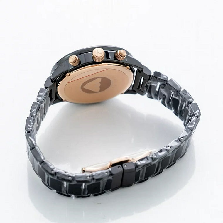 ack view and clasp detail of Emporio Armani AR70002 showcasing polished caseback and secure clasp