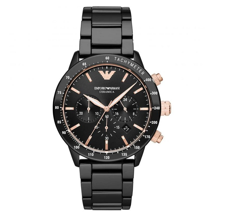 Front view of Emporio Armani AR70002 with black ceramic strap and bold black dial