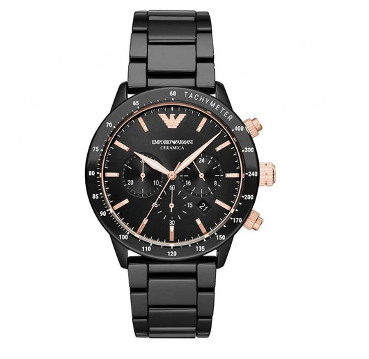 Front view of Emporio Armani AR70002 with black ceramic strap and bold black dial
