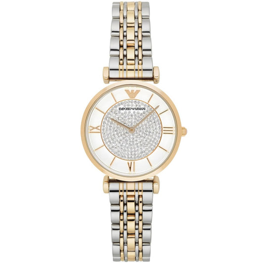 Front view of Emporio Armani AR8031 Gianni T-Bar women’s watch with white pave crystal dial and two-tone strap