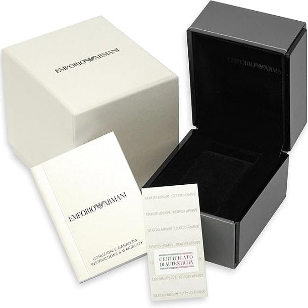 Emporio Armani signature black watch box with silver logo and premium packaging design