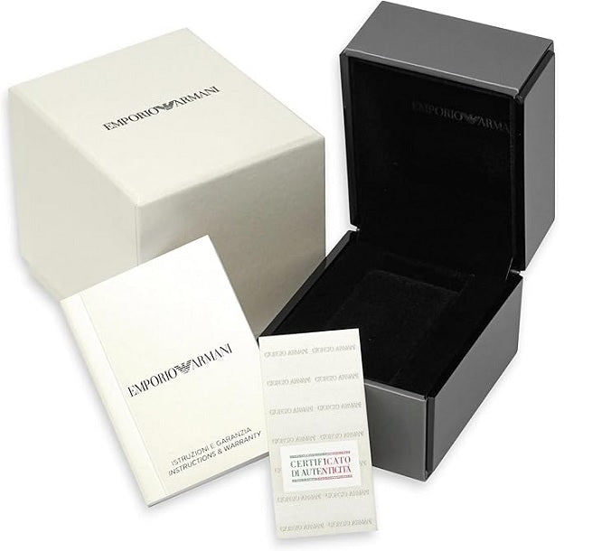 Complete Emporio Armani packaging with branded watch box, manual, and outer sleeve
