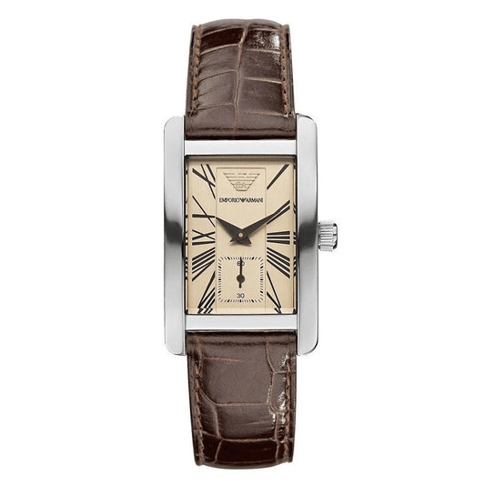 Front view of Emporio Armani AR0155 women’s watch with brown leather strap, beige dial, and silver case