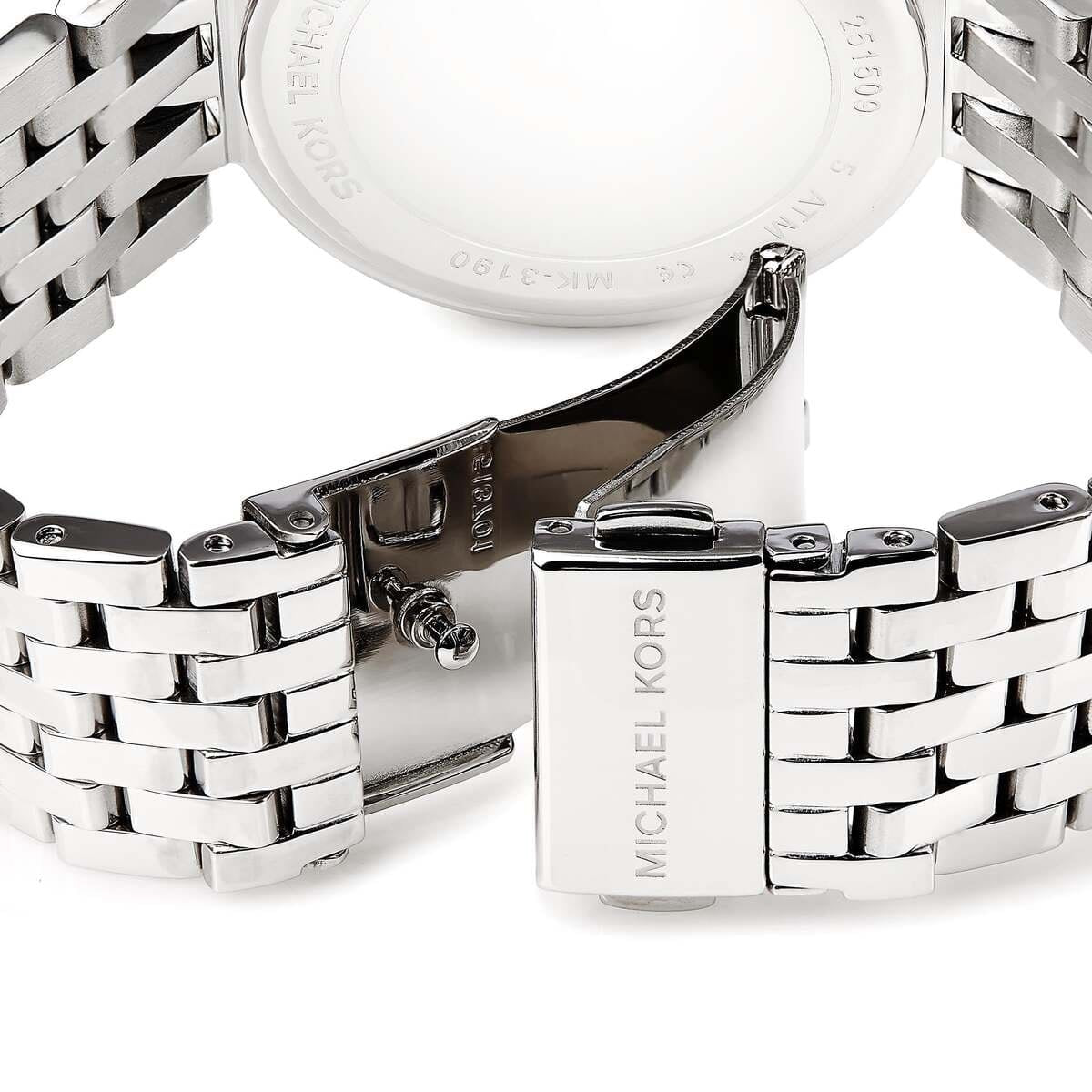 Opened bracelet view of Michael Kors MK3190 showing silver stainless steel strap