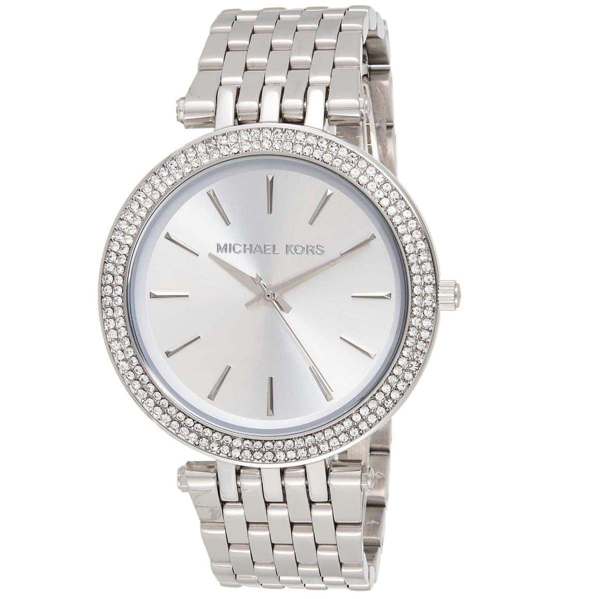 Close-up front view of Michael Kors MK3190 watch with silver dial and stainless steel silver strap