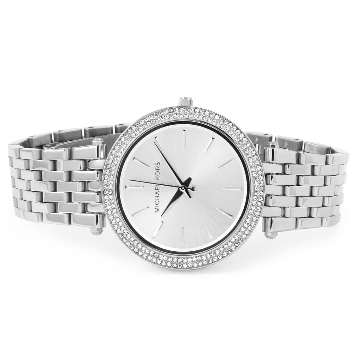 Front view of Michael Kors MK3190 women’s watch featuring a silver stainless steel strap and silver dial