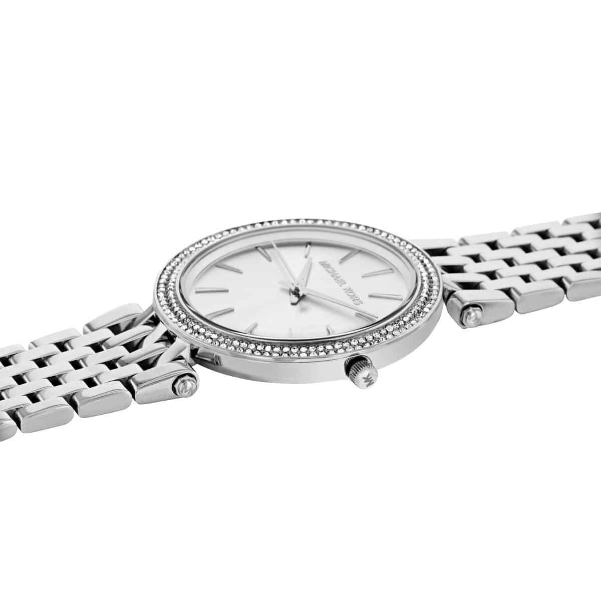 Full length view of Michael Kors MK3190 women’s watch with silver strap fully opened, showcasing its length and design