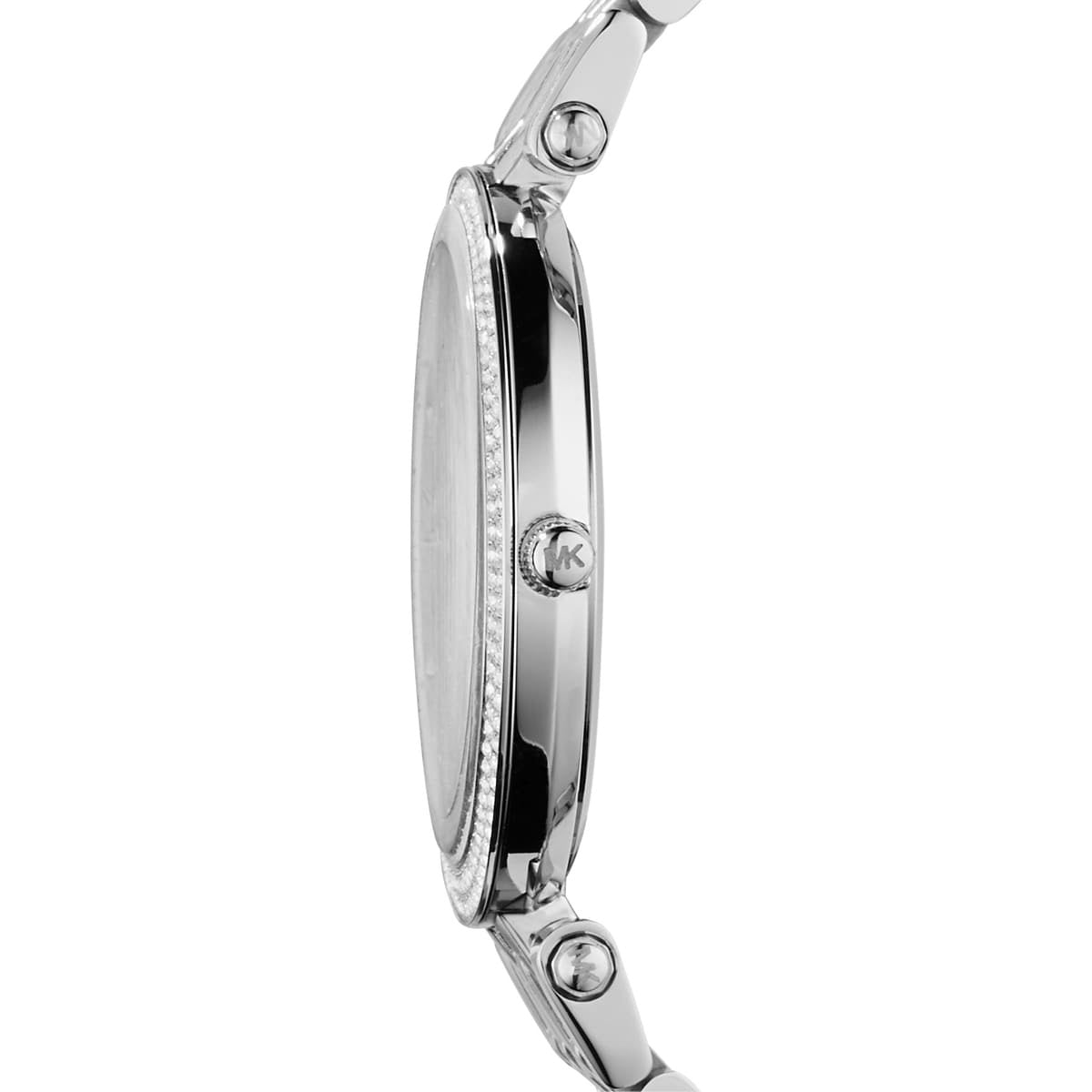 Side profile of Michael Kors MK3190 watch showing stainless steel silver case and bracelet