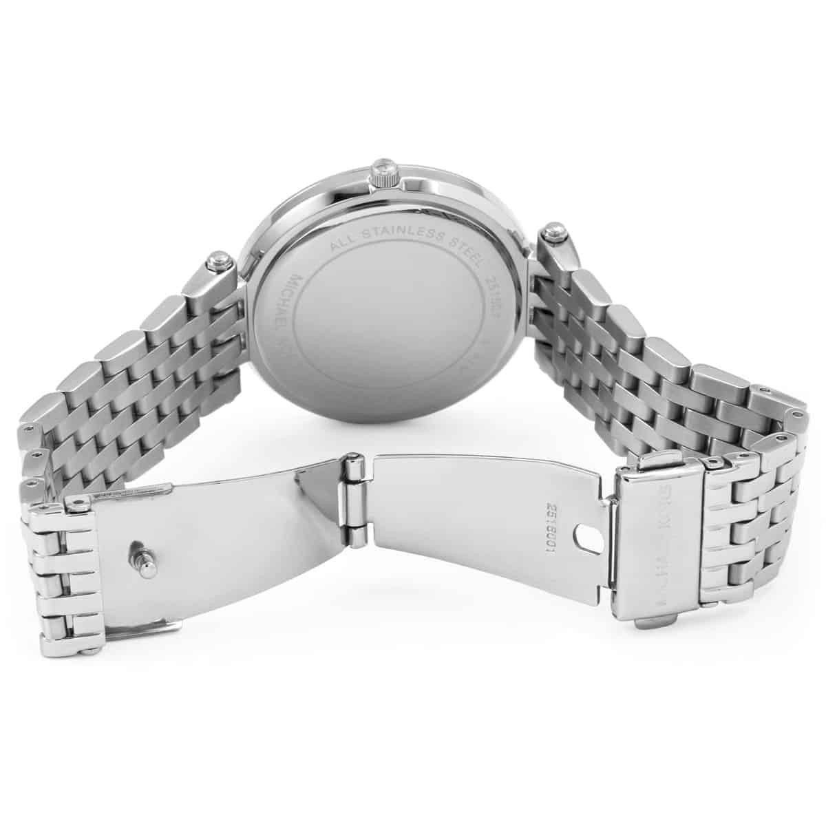 Open clasp view of Michael Kors MK3190 watch with silver stainless steel bracelet
