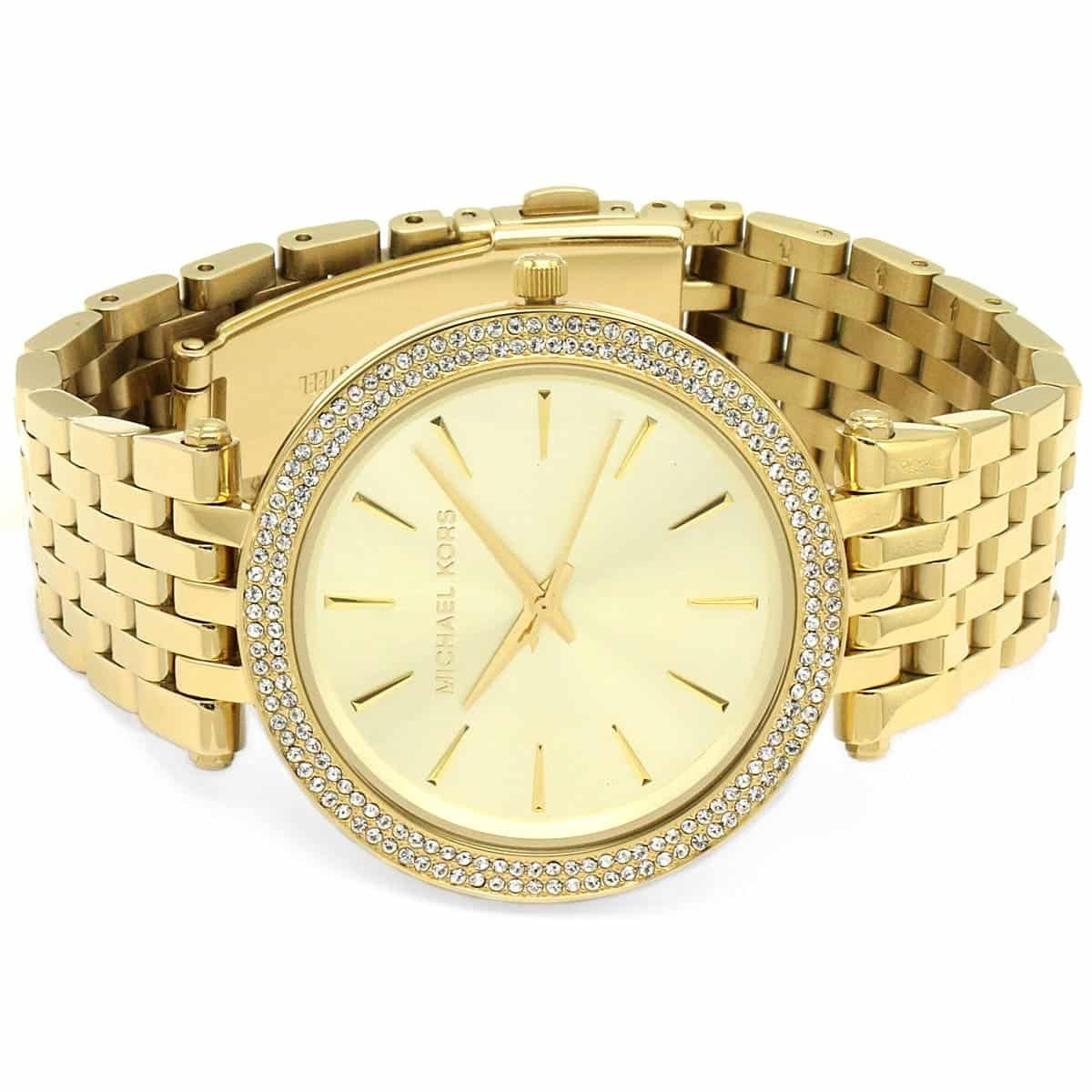 Close-up view of the gold dial and crystals on Michael Kors MK3191 women's watch