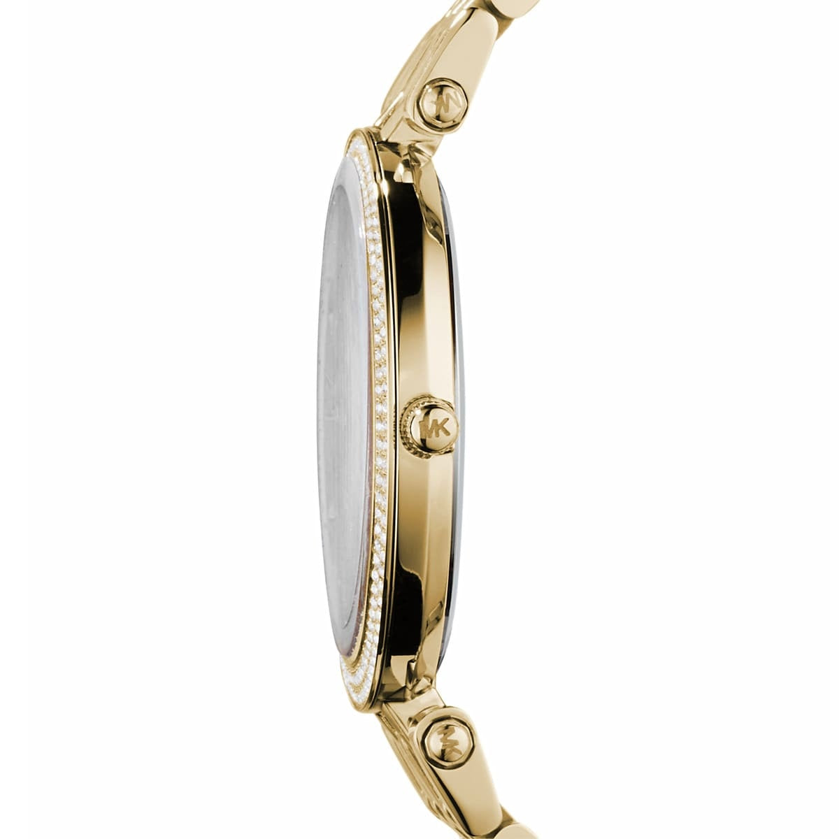 Side view of Michael Kors MK3191 women's watch featuring a gold stainless steel strap and gold dial with crystals